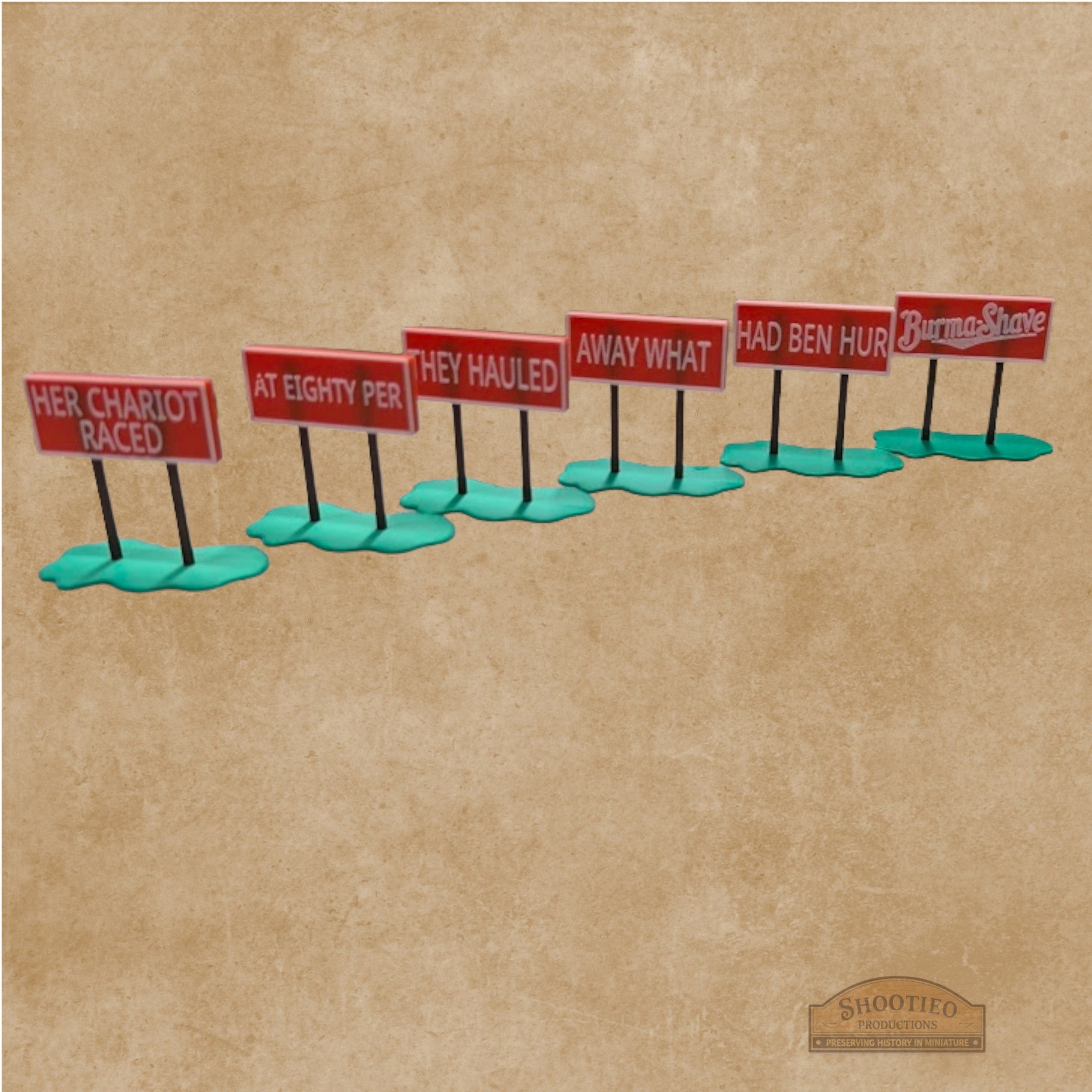Burma-Shave Roadside Signs | Set of 6 | 1:87 Scale | Vintage Highway Advertising | Durable FDM Printed Miniature